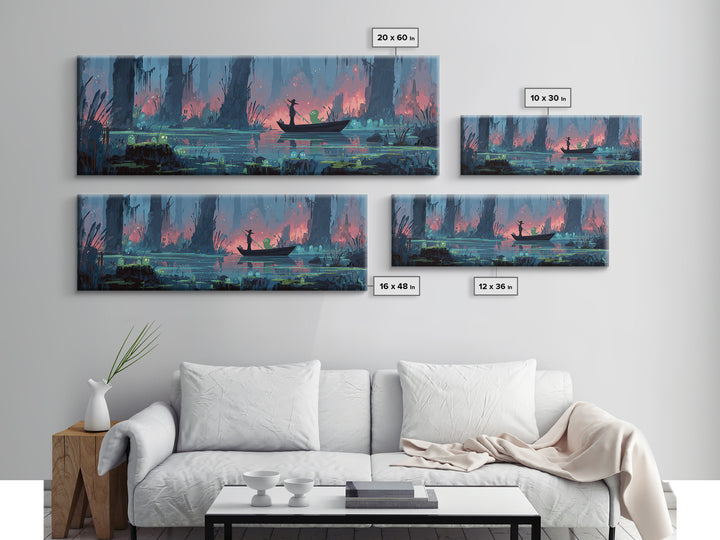 The Ferryman Of The Outer Marsh, Synthwave Halloween Art, Extra Wide Wall Art, Canvas Print, Retro Halloween Decor, Neon Wall Art