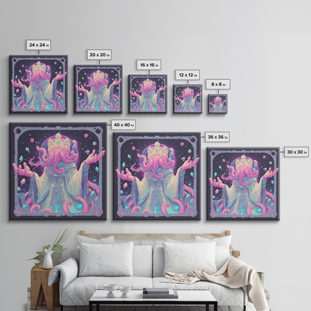 The Crown Of The Tentacled Saint, 80s Halloween Wall Art, Square Wall Art, Canvas Print, Retro Halloween Decor, Neon Wall Art