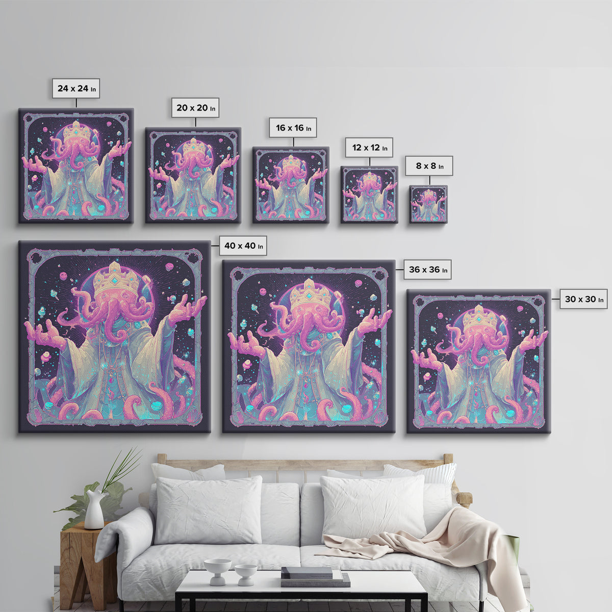 The Crown Of The Tentacled Saint, 80s Halloween Wall Art, Square Wall Art, Canvas Print, Retro Halloween Decor, Neon Wall Art
