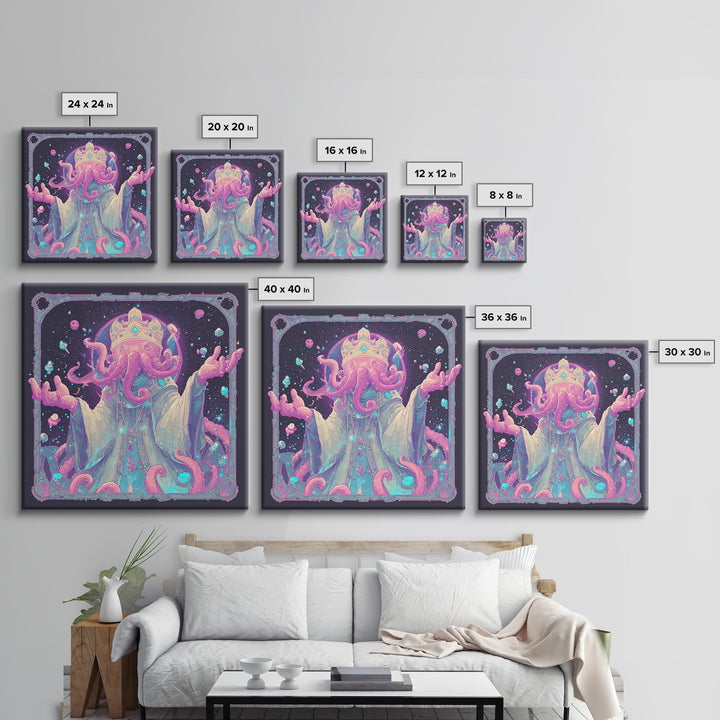 The Crown Of The Tentacled Saint, 80s Halloween Wall Art, Square Wall Art, Canvas Print, Retro Halloween Decor, Neon Wall Art