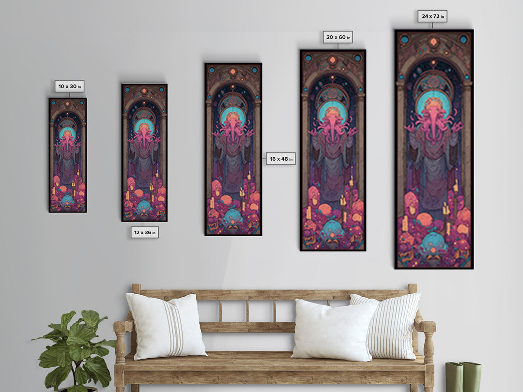The Crown Of The Tentacled Saint, Cute Eldritch Neon Art, Tall Narrow Wall Art, Framed Canvas Print, Retro Halloween Decor, Neon Wall Art
