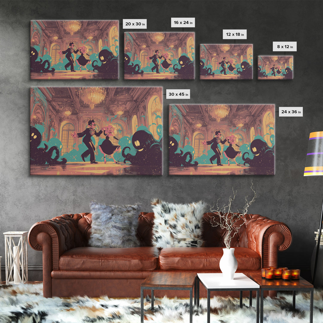 The Ballroom Of Silent Shoggoths, Synthwave Halloween Art, Landscape Wall Art, Canvas Print, Retro Halloween Decor, Neon Wall Art