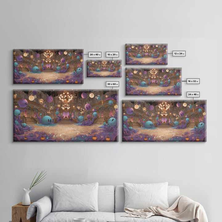 The Ballroom Of Silent Shoggoths, Cute Eldritch Neon Art, Wide Panoramic Art, Framed Canvas Print, Retro Halloween Decor, Neon Wall Art