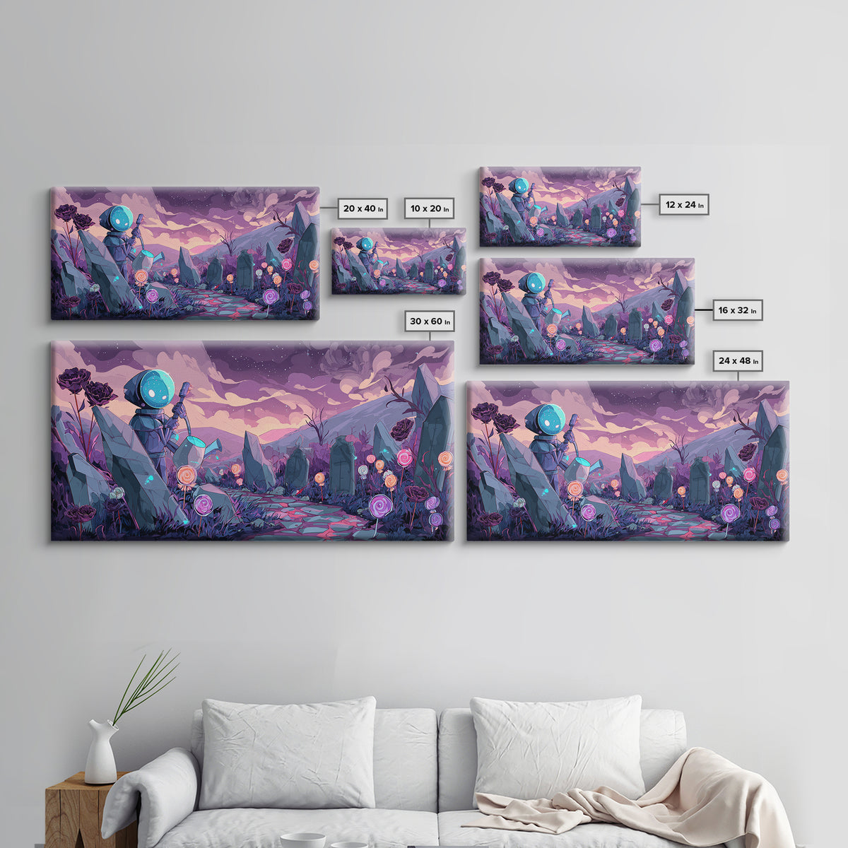 The Grave Gardener Of Yuggoth, Retro Neon Halloween Art, Wide Panoramic Art, Framed Canvas Print, Retro Halloween Decor, Neon Wall Art