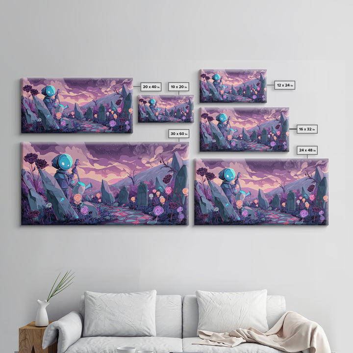 The Grave Gardener Of Yuggoth, Retro Neon Halloween Art, Wide Panoramic Art, Framed Canvas Print, Retro Halloween Decor, Neon Wall Art