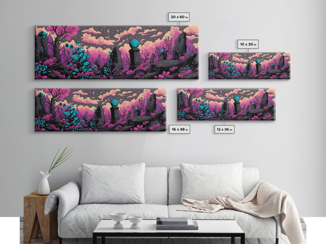 The Grave Gardener Of Yuggoth, Cosmic Synthwave Horror, Extra Wide Wall Art, Framed Canvas Print, Retro Halloween Decor, Neon Wall Art