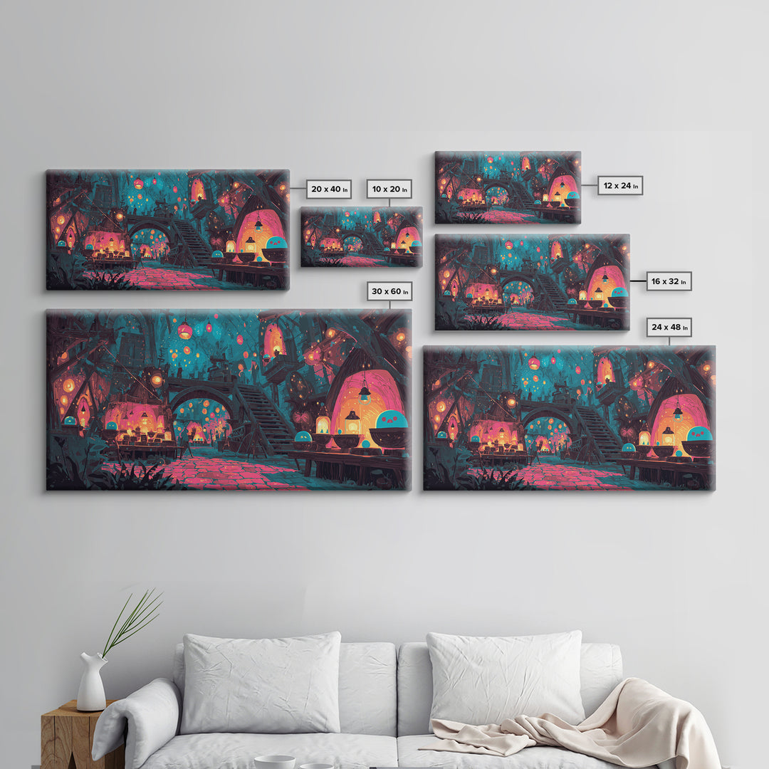 The Lantern Market Beyond The Veil, Cute Spooky Neon Art, Wide Panoramic Art, Canvas Print, Retro Halloween Decor, Neon Wall Art