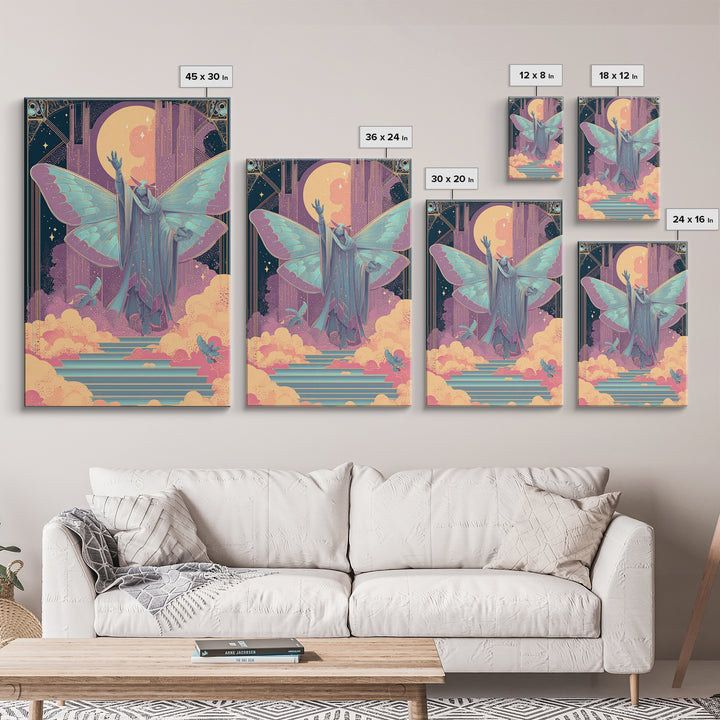 The Moth Prophet Of Kadath, Vaporwave Halloween Decor, Vertical Wall Art, Canvas Print, Retro Halloween Decor, Neon Wall Art