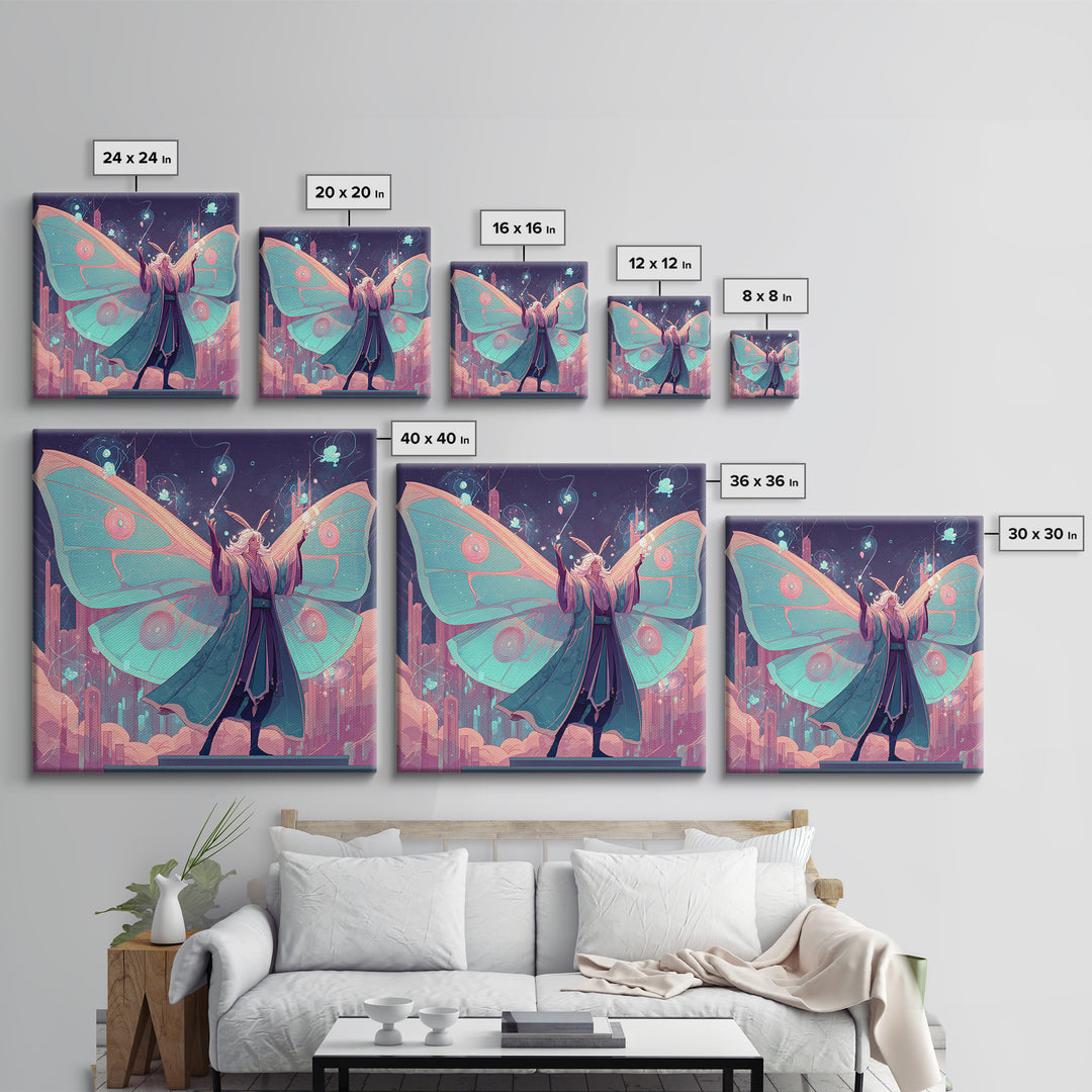 The Moth Prophet Of Kadath, Cute Spooky Neon Art, Square Wall Art, Framed Canvas Print, Retro Halloween Decor, Neon Wall Art