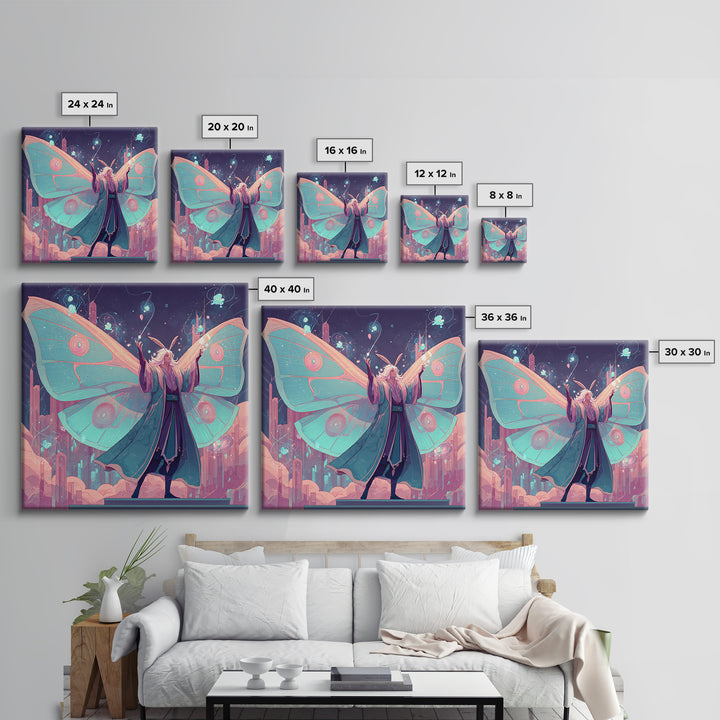 The Moth Prophet Of Kadath, Cute Spooky Neon Art, Square Wall Art, Framed Canvas Print, Retro Halloween Decor, Neon Wall Art