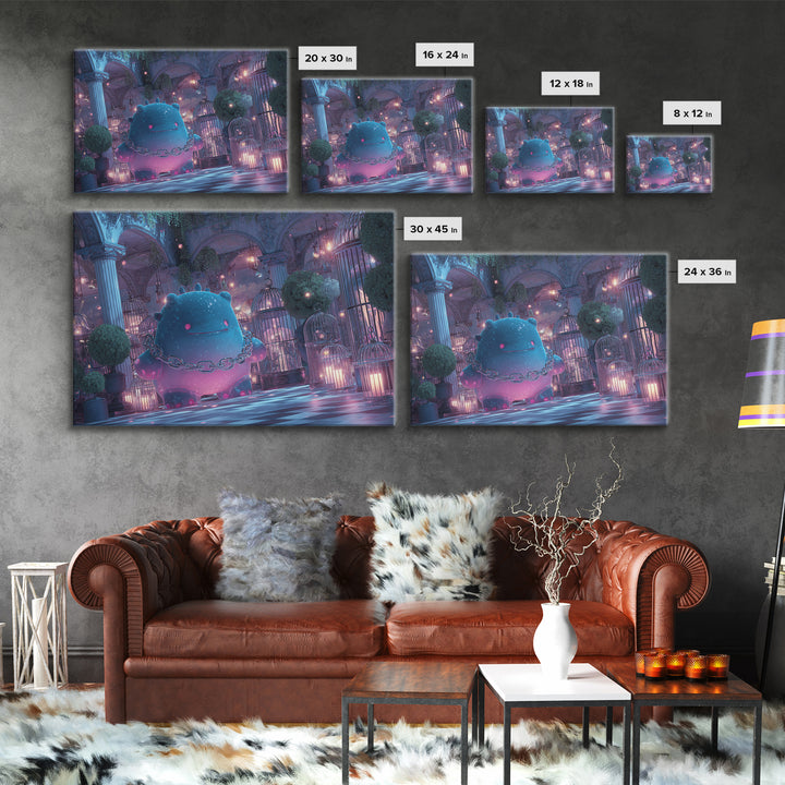 The Moonlit Shoggoth Menagerie, Vaporwave Halloween Decor, Landscape Wall Art, Framed Canvas Print, Retro Halloween Decor, Neon Wall Art