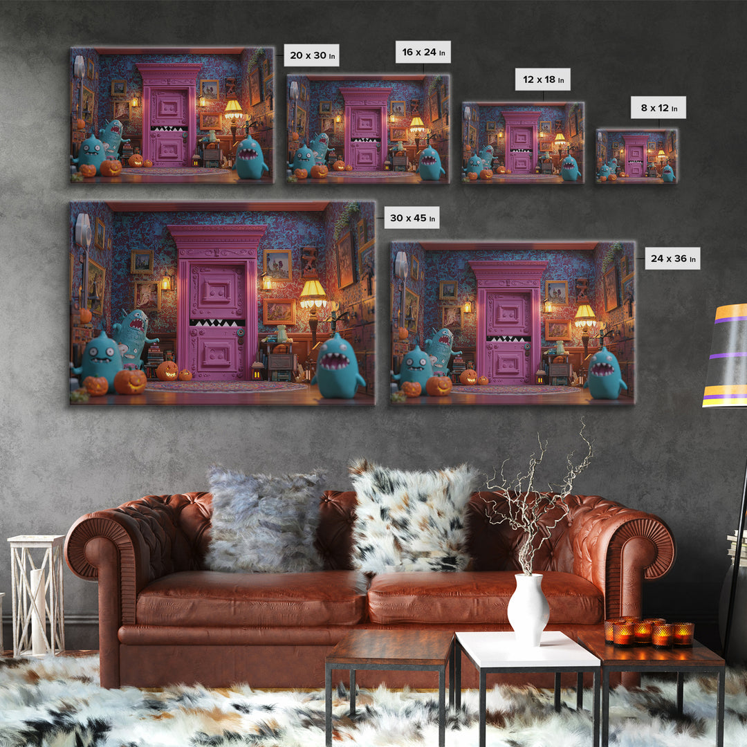 The Thirteenth Door Of Arkham House, Retro Neon Halloween Art, Landscape Wall Art, Canvas Print, Retro Halloween Decor, Neon Wall Art