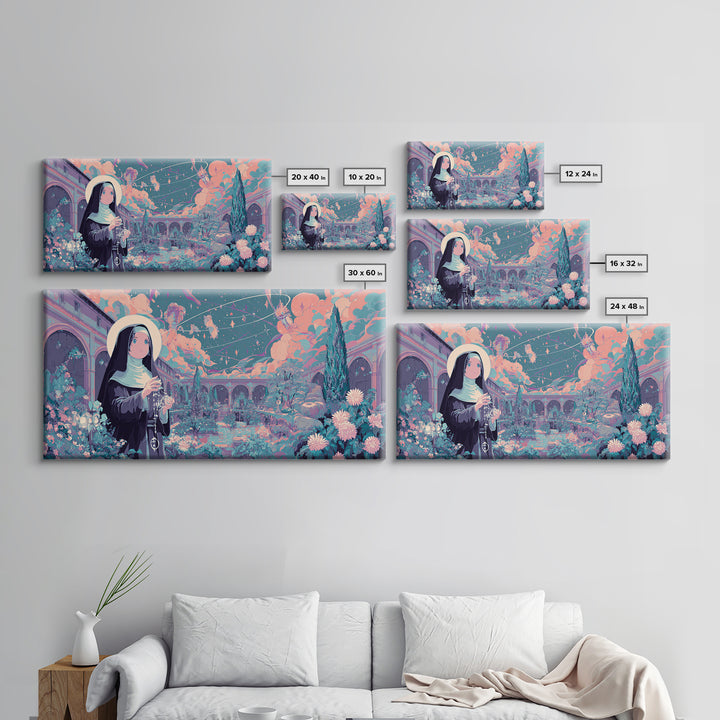 The Nun Of The Endless Constellation, Synthwave Halloween Art, Wide Panoramic Art, Framed Canvas Print, Retro Halloween Decor, Neon Wall Art