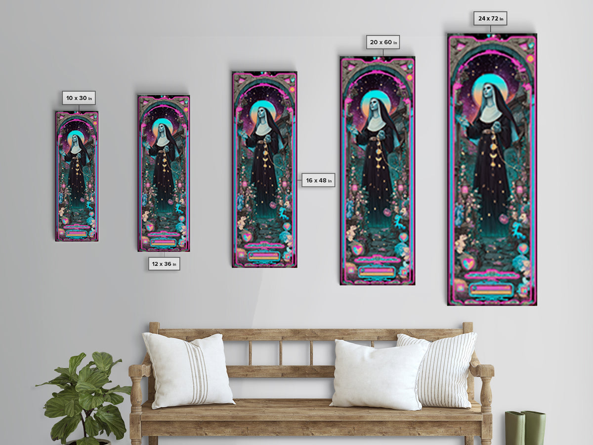 The Nun Of The Endless Constellation, Synthwave Halloween Art, Tall Narrow Wall Art, Canvas Print, Retro Halloween Decor, Neon Wall Art