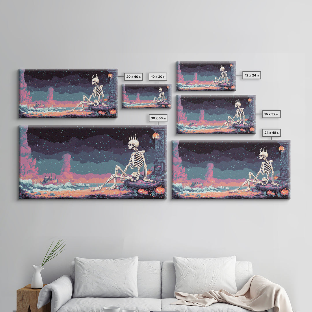 The Salt King Of The Black Shore, Vaporwave Halloween Decor, Wide Panoramic Art, Canvas Print, Retro Halloween Decor, Neon Wall Art