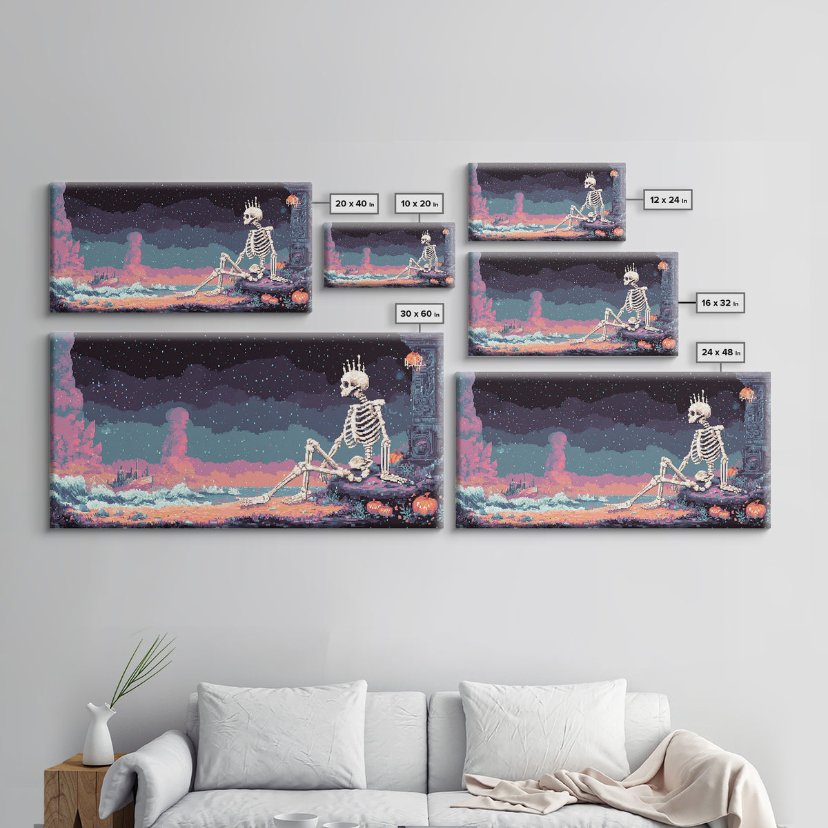 The Salt King Of The Black Shore, Vaporwave Halloween Decor, Wide Panoramic Art, Canvas Print, Retro Halloween Decor, Neon Wall Art