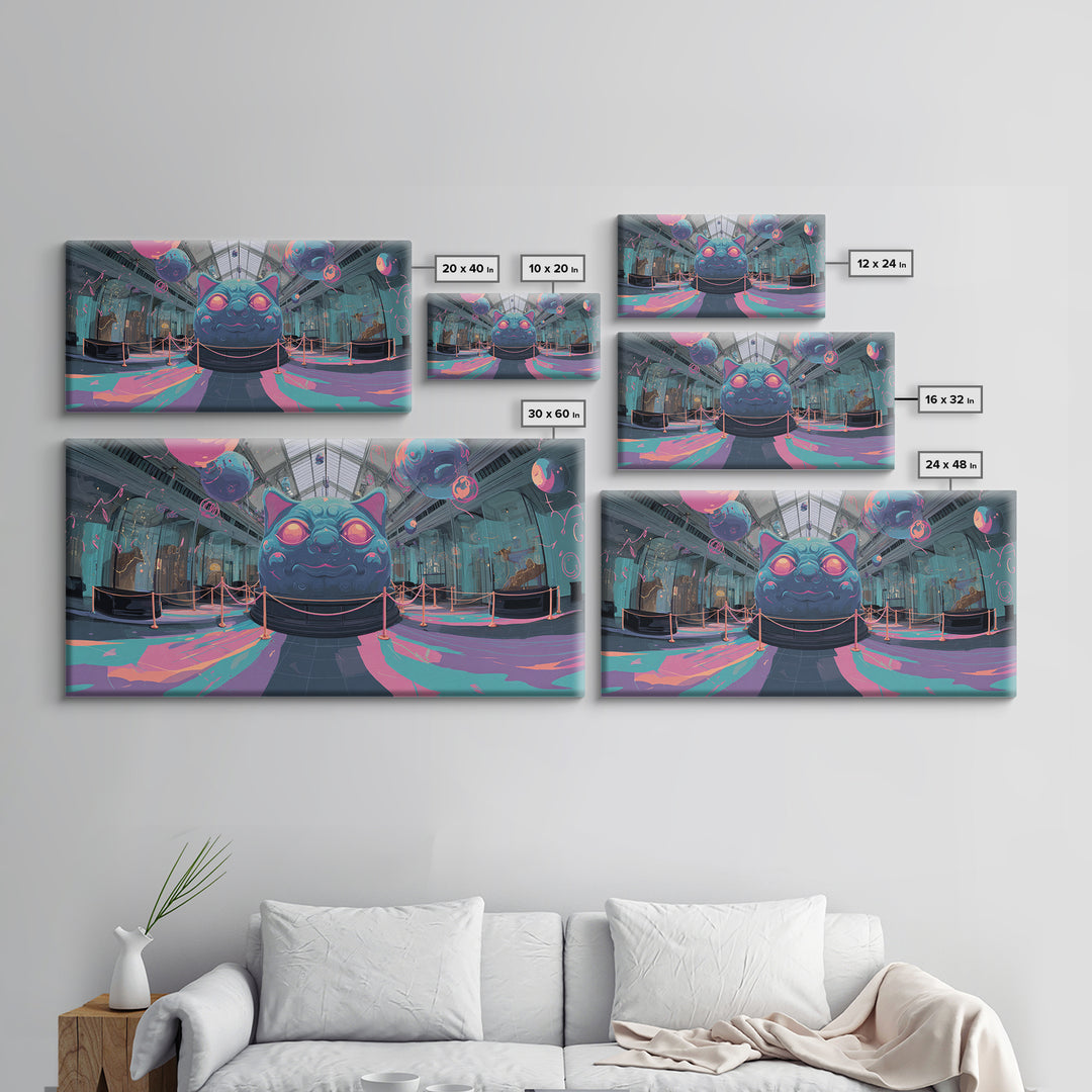 The Custodian Of The Whispering Idol, Cute Spooky Neon Art, Wide Panoramic Art, Canvas Print, Retro Halloween Decor, Neon Wall Art