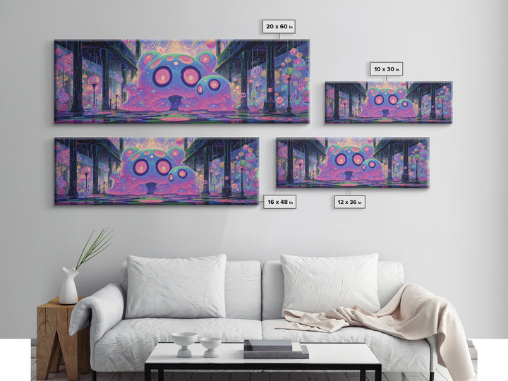 The Custodian Of The Whispering Idol, Cute Eldritch Neon Art, Extra Wide Wall Art, Framed Canvas Print, Retro Halloween Decor, Neon Wall Art