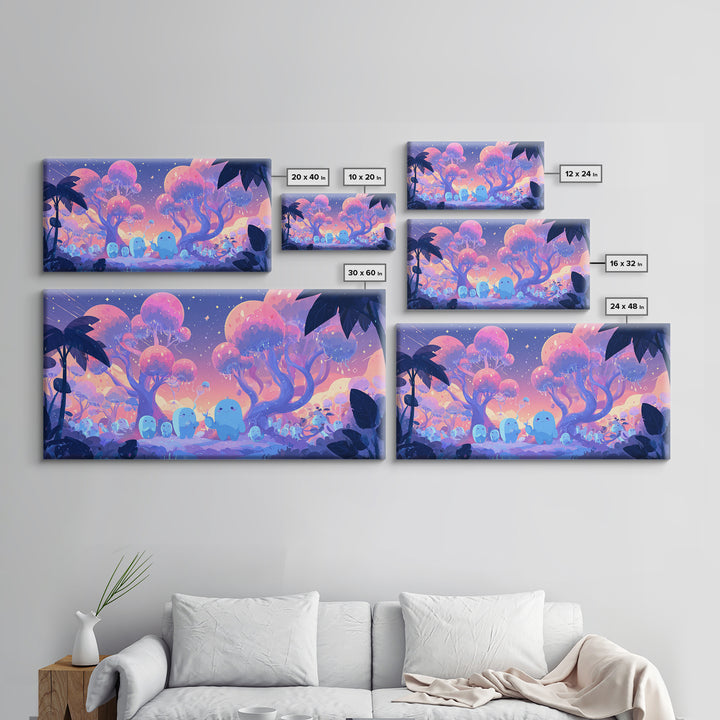 The Children Of The Star Orchard, Vaporwave Halloween Decor, Wide Panoramic Art, Framed Canvas Print, Retro Halloween Decor, Neon Wall Art