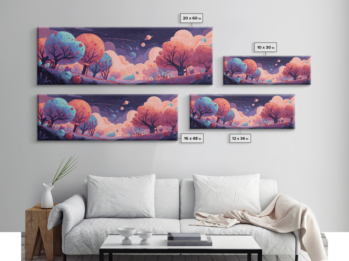 The Children Of The Star Orchard, Cosmic Synthwave Horror, Extra Wide Wall Art, Framed Canvas Print, Retro Halloween Decor, Neon Wall Art