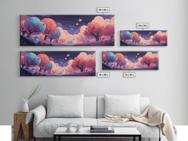 The Children Of The Star Orchard, Cosmic Synthwave Horror, Extra Wide Wall Art, Framed Canvas Print, Retro Halloween Decor, Neon Wall Art
