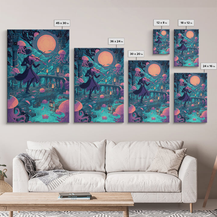 The Violinist Of The Drowned Moon, Retro Neon Halloween Art, Vertical Wall Art, Canvas Print, Retro Halloween Decor, Neon Wall Art