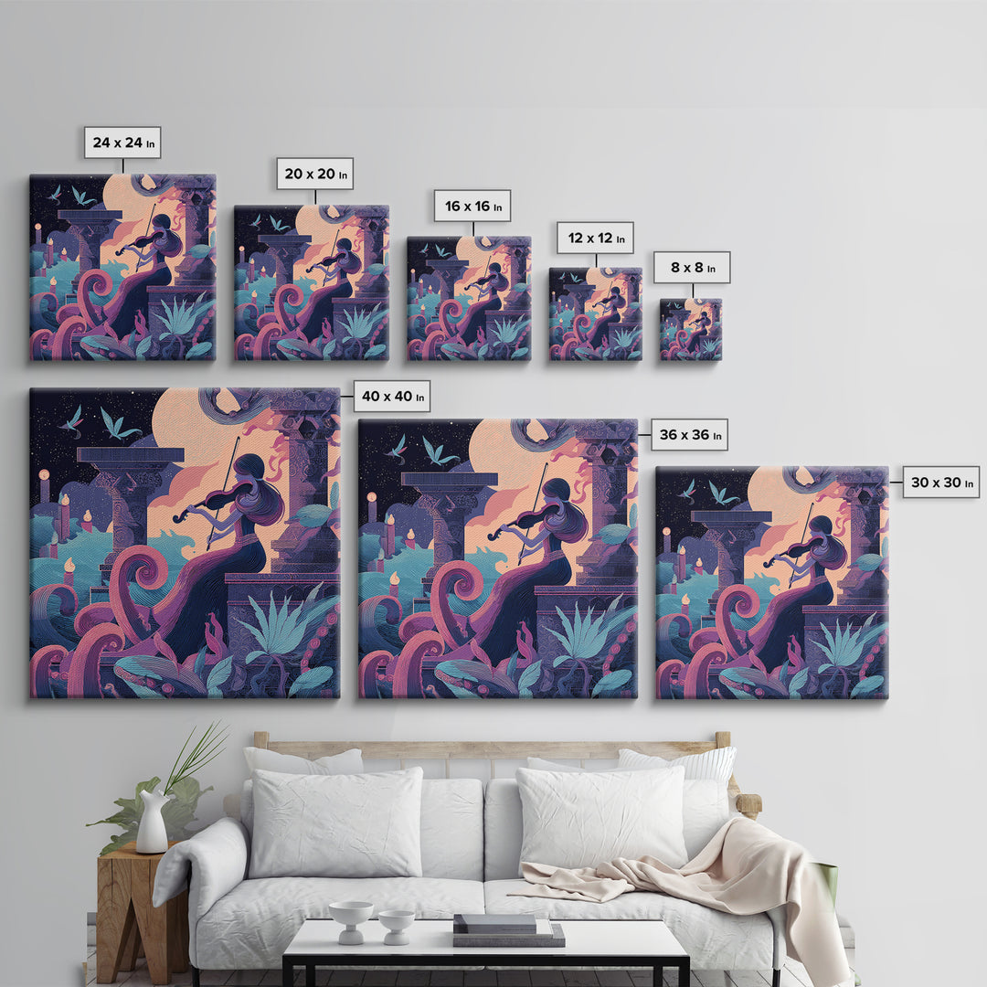 The Violinist Of The Drowned Moon, Cute Eldritch Neon Art, Square Wall Art, Canvas Print, Retro Halloween Decor, Neon Wall Art