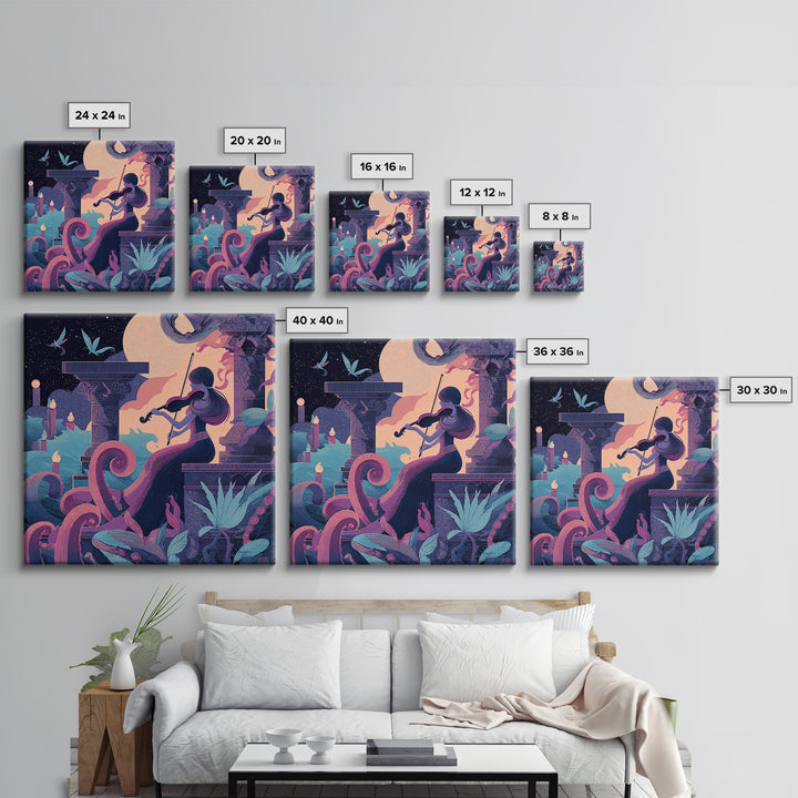The Violinist Of The Drowned Moon, Cute Eldritch Neon Art, Square Wall Art, Canvas Print, Retro Halloween Decor, Neon Wall Art