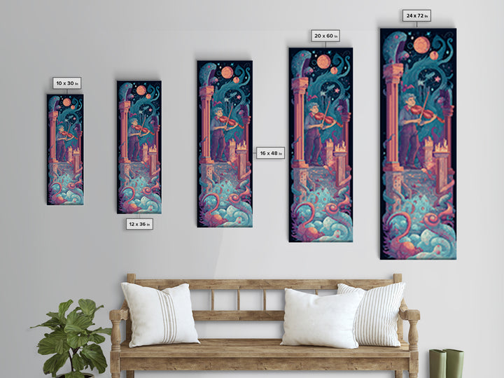 The Violinist Of The Drowned Moon, Synthwave Halloween Art, Tall Narrow Wall Art, Canvas Print, Retro Halloween Decor, Neon Wall Art