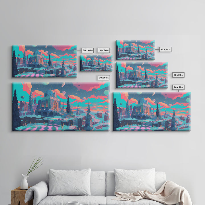 The Candelit Ark Of Forgotten Stars, Cosmic Synthwave Horror, Wide Panoramic Art, Framed Canvas Print, Retro Halloween Decor, Neon Wall Art