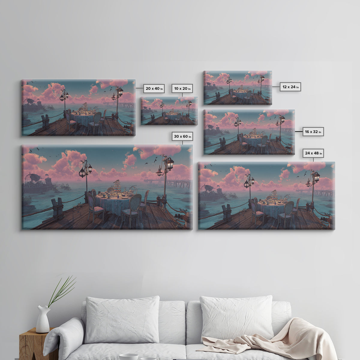 The Tea Party At Innsmouth Pier, Cute Eldritch Neon Art, Wide Panoramic Art, Canvas Print, Retro Halloween Decor, Neon Wall Art