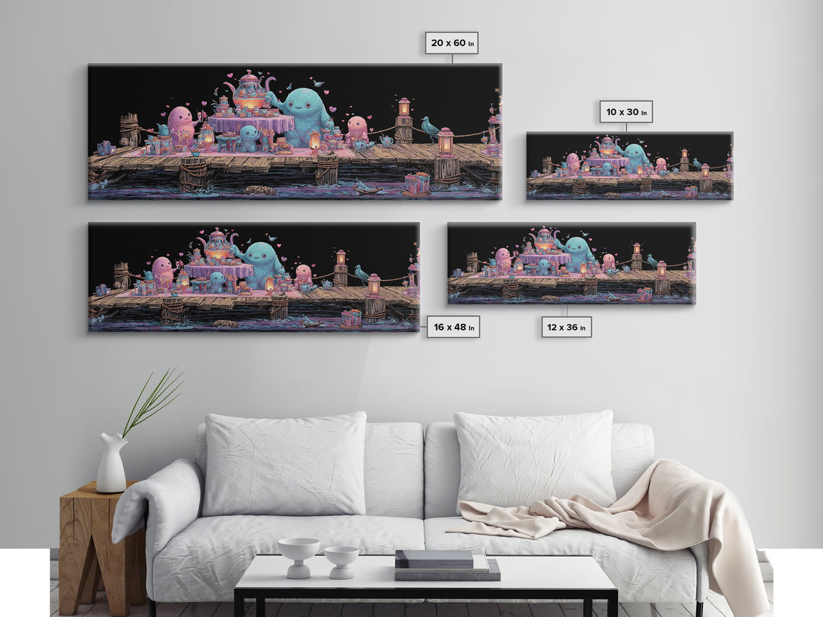 The Tea Party At Innsmouth Pier, Cute Eldritch Neon Art, Extra Wide Wall Art, Canvas Print, Retro Halloween Decor, Neon Wall Art