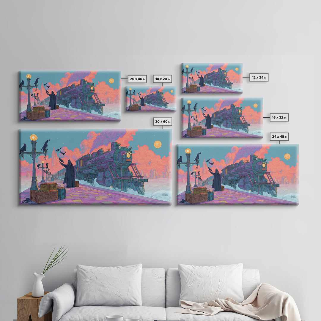 The Phantom Train To Kadath, Cute Spooky Neon Art, Wide Panoramic Art, Framed Canvas Print, Retro Halloween Decor, Neon Wall Art