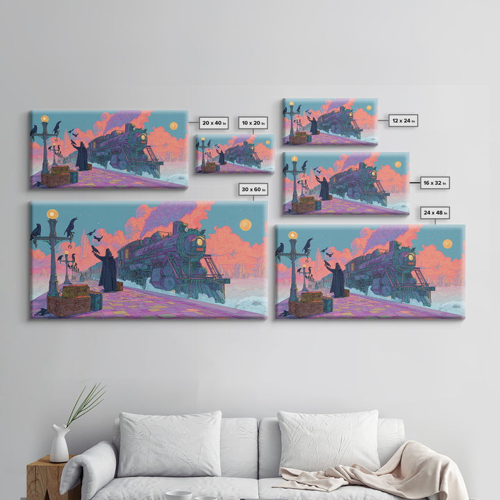 The Phantom Train To Kadath, Cute Spooky Neon Art, Wide Panoramic Art, Framed Canvas Print, Retro Halloween Decor, Neon Wall Art