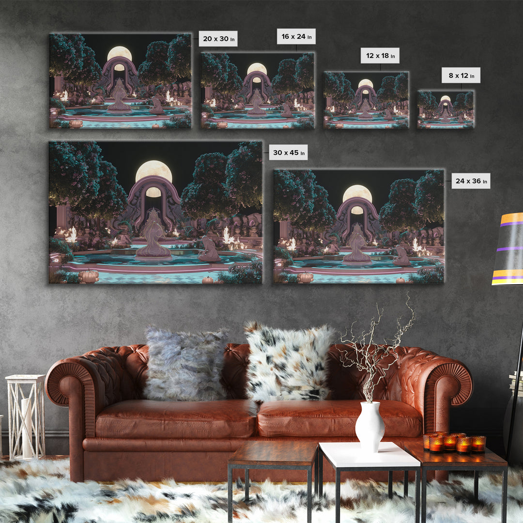 The Garden Of The Eyeless Moon, Synthwave Halloween Art, Landscape Wall Art, Framed Canvas Print, Retro Halloween Decor, Neon Wall Art
