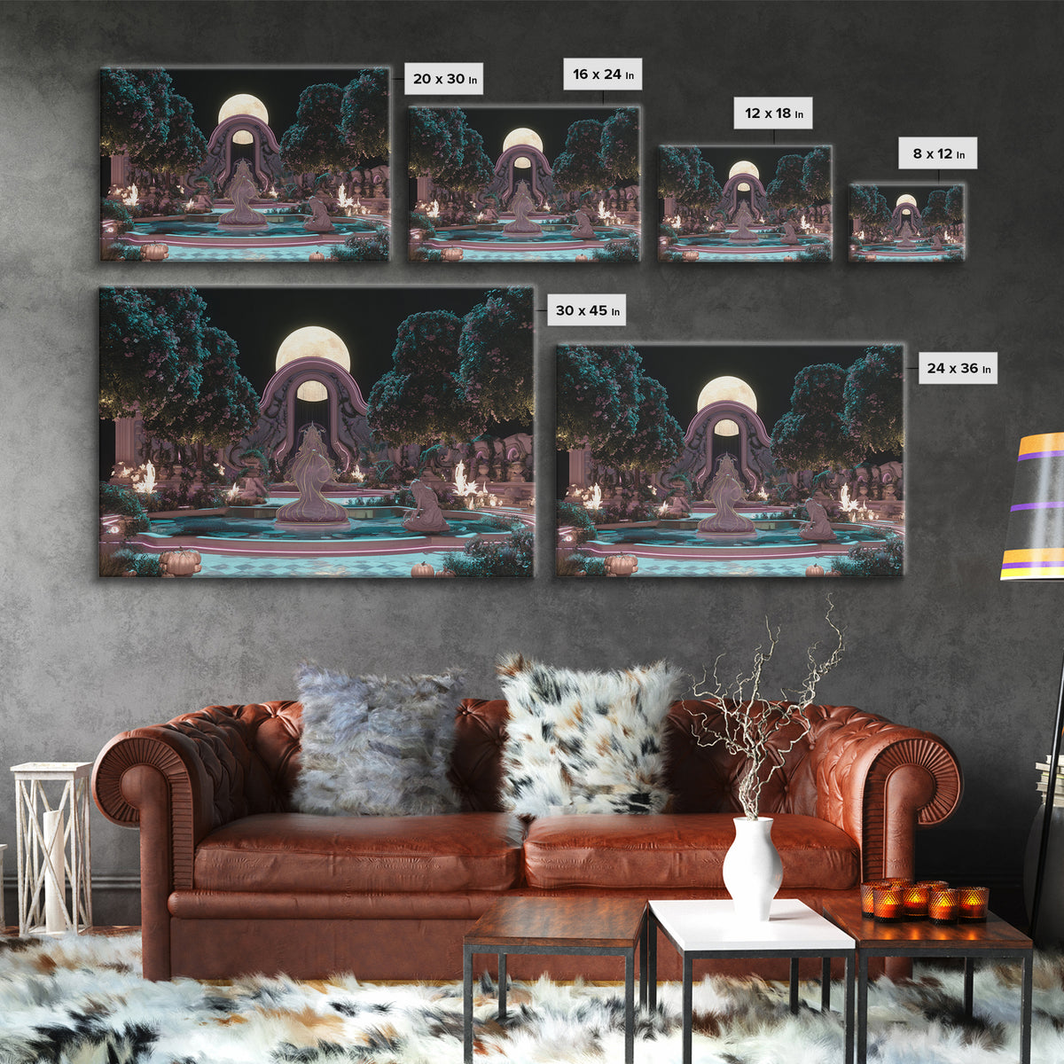 The Garden Of The Eyeless Moon, Synthwave Halloween Art, Landscape Wall Art, Framed Canvas Print, Retro Halloween Decor, Neon Wall Art