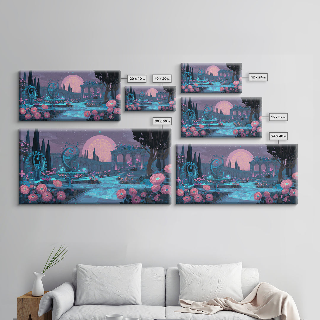 The Garden Of The Eyeless Moon, Synthwave Halloween Art, Wide Panoramic Art, Framed Canvas Print, Retro Halloween Decor, Neon Wall Art