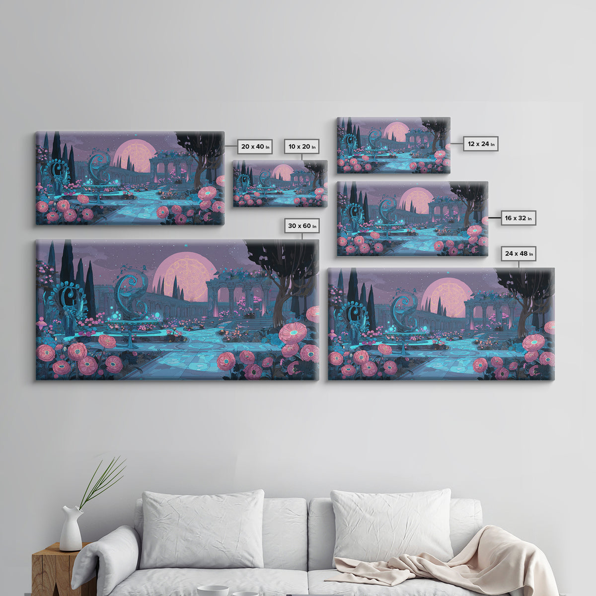 The Garden Of The Eyeless Moon, Synthwave Halloween Art, Wide Panoramic Art, Framed Canvas Print, Retro Halloween Decor, Neon Wall Art