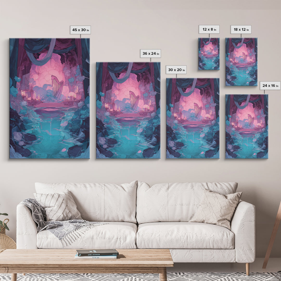 The Harpist Of Abyssal Sleep, Cute Eldritch Neon Art, Vertical Wall Art, Canvas Print, Retro Halloween Decor, Neon Wall Art