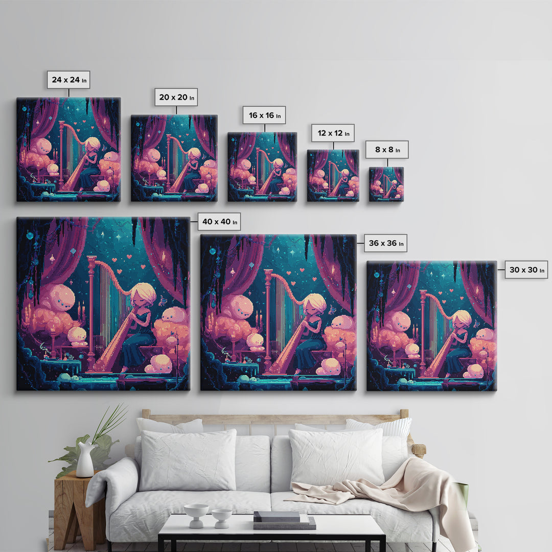 The Harpist Of Abyssal Sleep, Retro Neon Halloween Art, Square Wall Art, Framed Canvas Print, Retro Halloween Decor, Neon Wall Art
