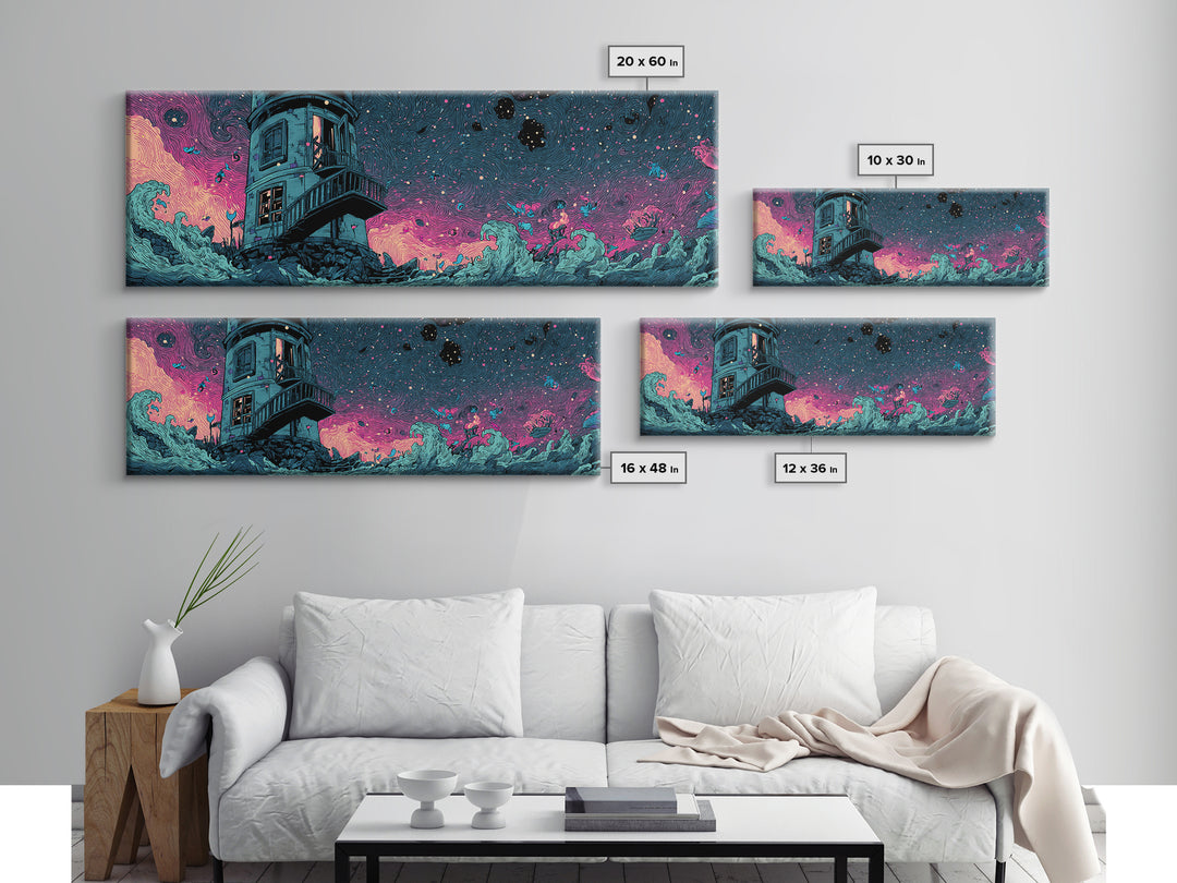 The Last Lighthouse Of Y’Ha-Nthlei, Synthwave Halloween Art, Extra Wide Wall Art, Framed Canvas Print, Retro Halloween Decor, Neon Wall Art
