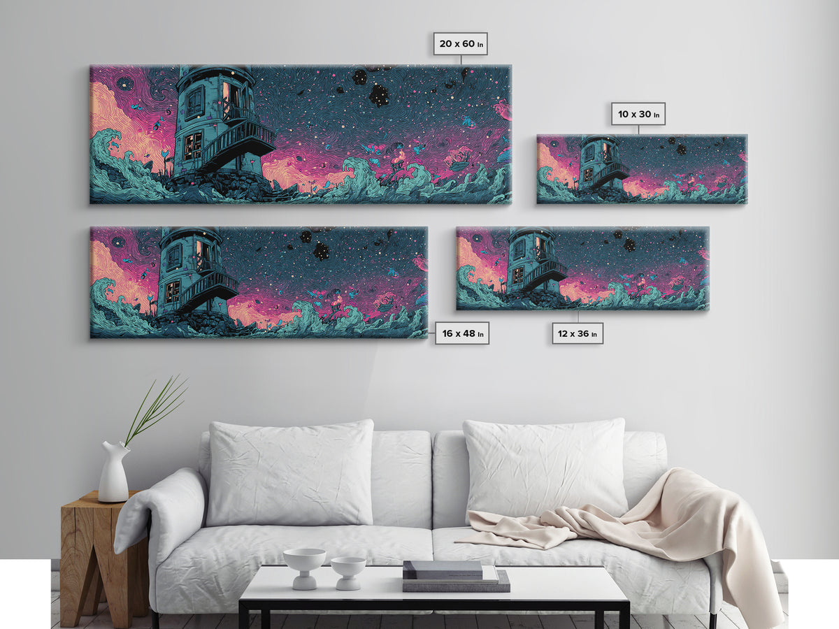 The Last Lighthouse Of Y’Ha-Nthlei, Synthwave Halloween Art, Extra Wide Wall Art, Framed Canvas Print, Retro Halloween Decor, Neon Wall Art