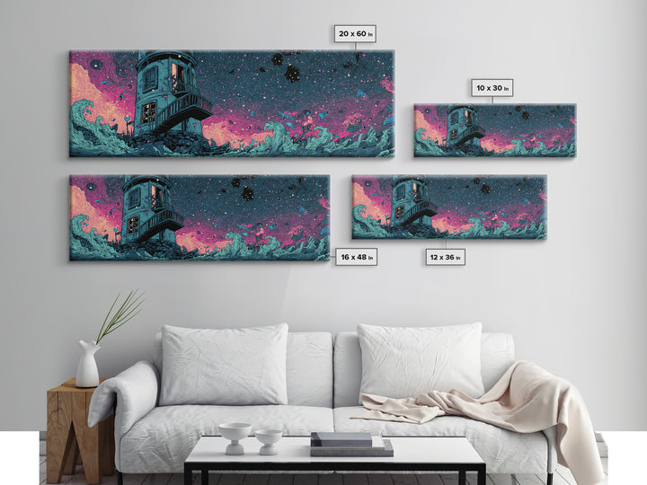 The Last Lighthouse Of Y’Ha-Nthlei, Synthwave Halloween Art, Extra Wide Wall Art, Framed Canvas Print, Retro Halloween Decor, Neon Wall Art