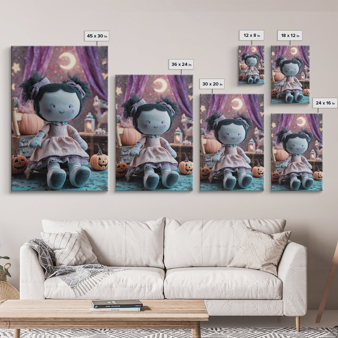 The Doll From Beyond The Void, Retro Neon Halloween Art, Vertical Wall Art, Framed Canvas Print, Retro Halloween Decor, Neon Wall Art