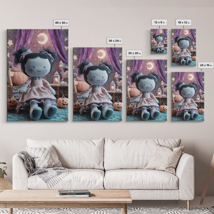 The Doll From Beyond The Void, Retro Neon Halloween Art, Vertical Wall Art, Framed Canvas Print, Retro Halloween Decor, Neon Wall Art