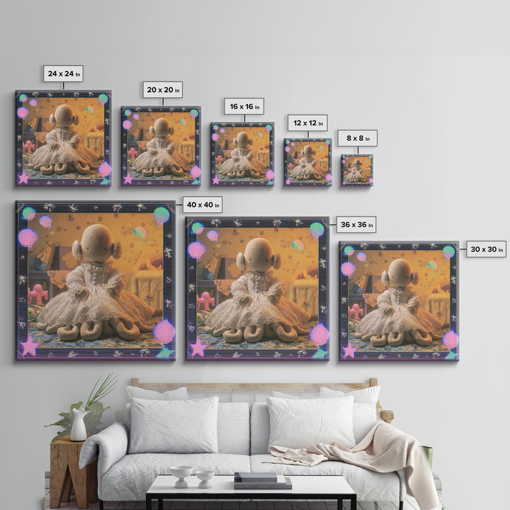 The Doll From Beyond The Void, Cosmic Synthwave Horror, Square Wall Art, Framed Canvas Print, Retro Halloween Decor, Neon Wall Art