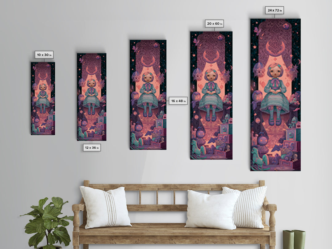 The Doll From Beyond The Void, 80s Halloween Wall Art, Tall Narrow Wall Art, Canvas Print, Retro Halloween Decor, Neon Wall Art