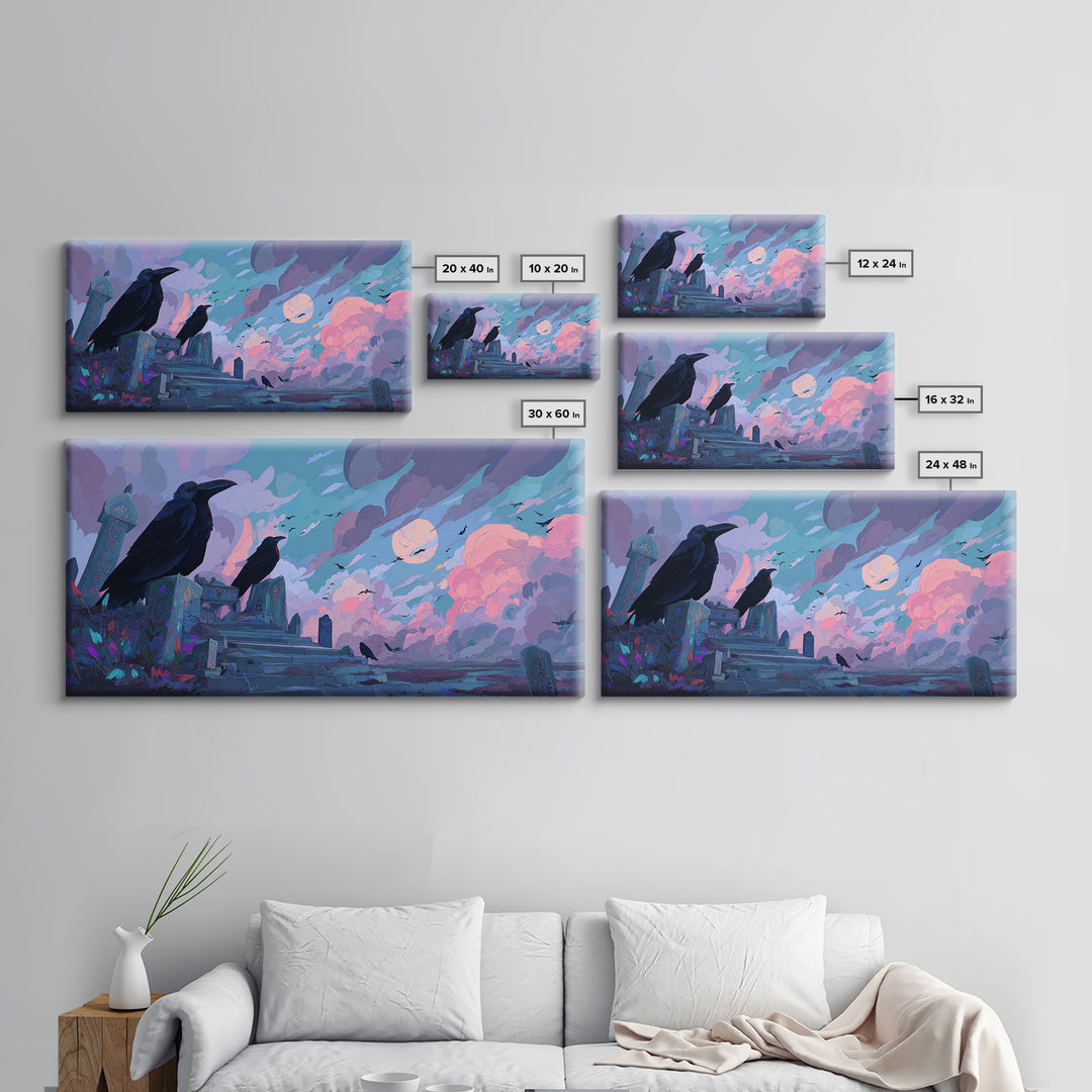 The Raven Sermon Of Leng, Cute Eldritch Neon Art, Wide Panoramic Art, Framed Canvas Print, Retro Halloween Decor, Neon Wall Art