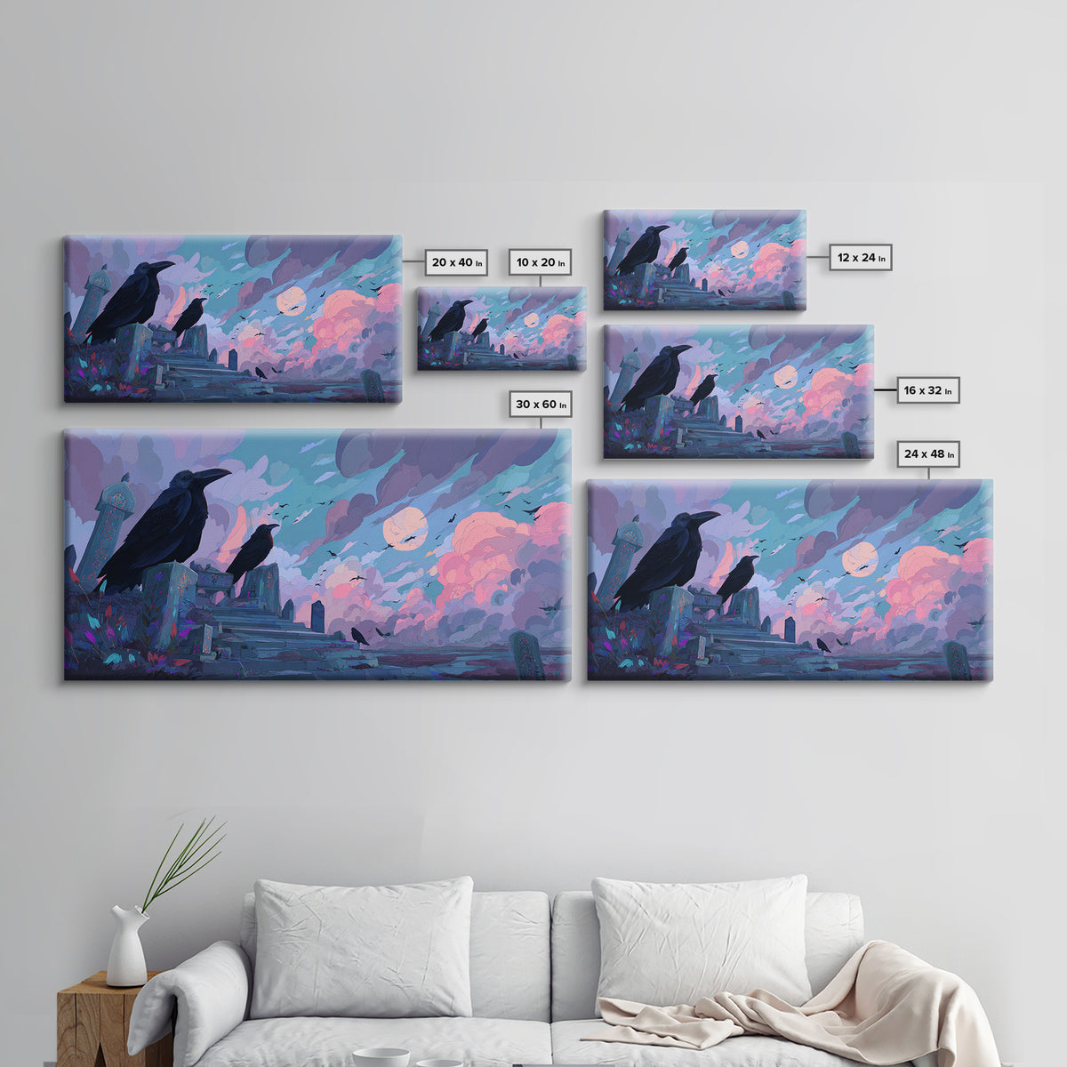 The Raven Sermon Of Leng, Cute Eldritch Neon Art, Wide Panoramic Art, Framed Canvas Print, Retro Halloween Decor, Neon Wall Art