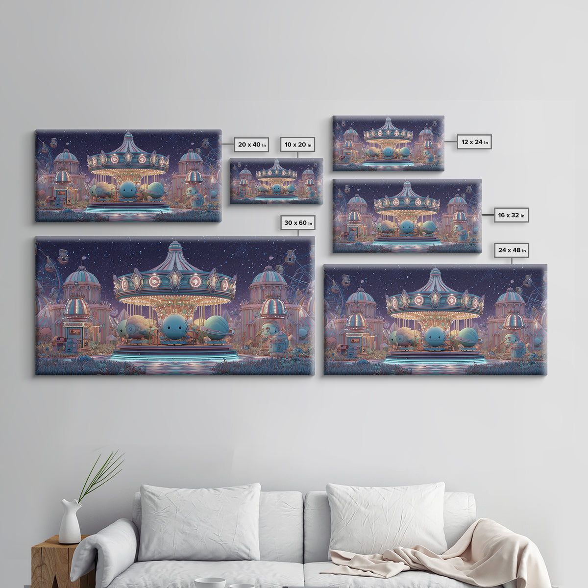 The Carousel Of Sleeping Planets, Retro Neon Halloween Art, Wide Panoramic Art, Canvas Print, Retro Halloween Decor, Neon Wall Art